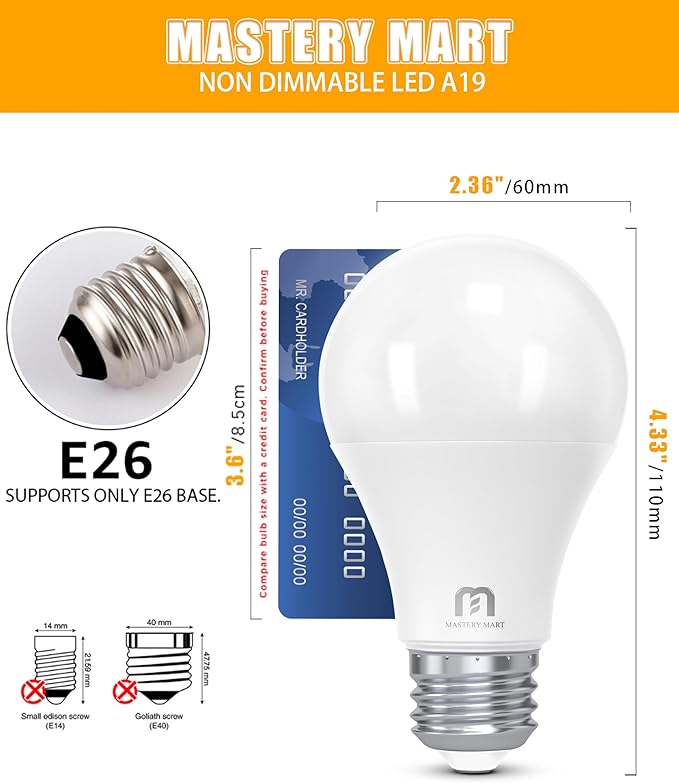 MASTERY MART 24 Pack A19 LED Bulbs 60 Watt Equivalent, 9W Non-Dimmable, Flicker-Free, 800 Lumens, Soft White 2700K, E26 Base, 10000 Hours, Energy Saving, Bright for Living Room, Bedroom