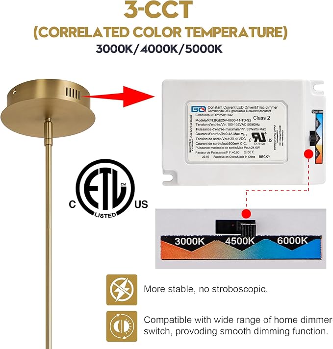 Gold Modern LED Chandelier, Dimmable 4 Lights Ceiling Pendant Lighting for Dining Room Living Room Kitchen Island Bedroom Foyer 3000K/4000K/5000K 3CCT Selective, 27.76in