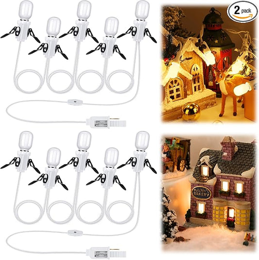 Leelosp 2 Pack Accessory Cord with 5 Milky White LED Light Bulb, 9.84 ft Christmas Village Light Cord with Fuse Wire, Blow Mold Light Kit Replacement for Christmas Village House Craft Halloween