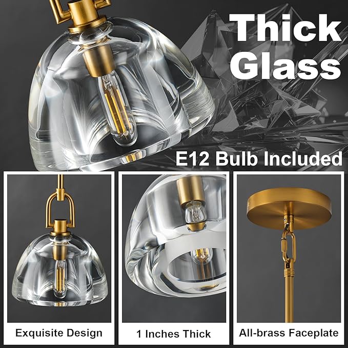 Pendant Light Fixture, 7" Glass Modern Brass Pendant Lights Kitchen Island, Hanging Glass Dome Pendant, Gold Kitchen Pendant Lighting Over Island,E12 Bulb Included