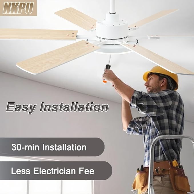 56 Inch Ceiling Fans with Lights, Modern White Ceiling Fan with Light and Remote Control, 6 Double Sided Blades, 6 Speed Reversible Motor, Dimmable LED, Silent Timing, Indoor Outdoor Patio Use