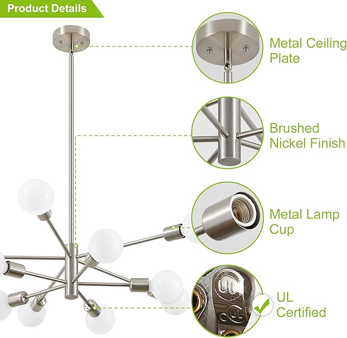 Sputnik Chandelier Modern Brushed Nickel Chandeliers Mid Century Ceiling Lighting Fixture for Living Room, Kitchen, Bedroom, Dining Room, and Farmhouse (10-Light)