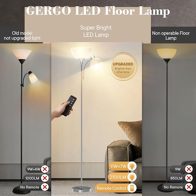 GERGO Floor Lamp, Remote Control with 4 Color Temperatures, LED Torchiere Floor Lamp with Adjustable Reading Lamp for Bedroom, Standing Lamps for Living Room, Bulb Included (Brushed Nickel)