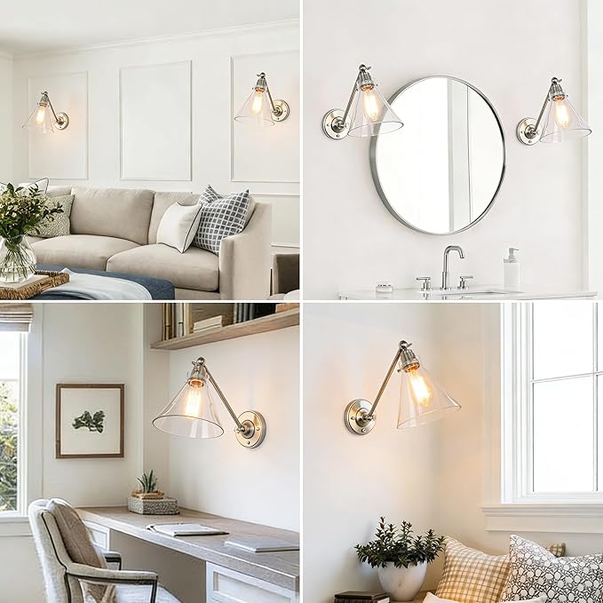 Industrial Vintage Slope Pole Wall Mount Single Sconce with Funnel Flared Clear Glass Shade, Swing Arm Wall Sconce Light Lamp Fixture Hardwired