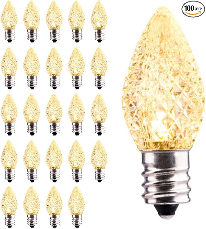 100 Pack C7 LED Replacement Christmas Light Bulbs, C7 Shatterproof LED Bulbs for Christmas String Lights, E12 Candelabra Base, Commercial Grade Dimmable Holiday Bulbs, Warm White