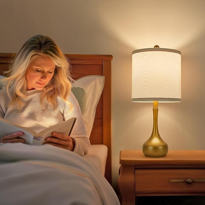 23" Farmhouse Table Lamp Set of 2, Golden Metal Modern Bedside Lamps for Living Room, 3 Color Temperature Rustic Table Lamps for Bedroom, Night Stands, Dorm,Office, Home Décor (Bulb Included)