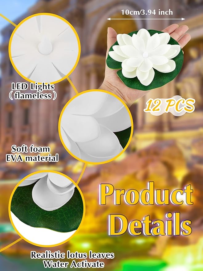 Hortsun 12 Pcs Floating Lotus Lights with Batteries Lily Pads Pool Flowers Floating Candles Decor Artificial Pond Plants Decorations for Pool Pond Outdoor Indoor (White,3.94 Inch)