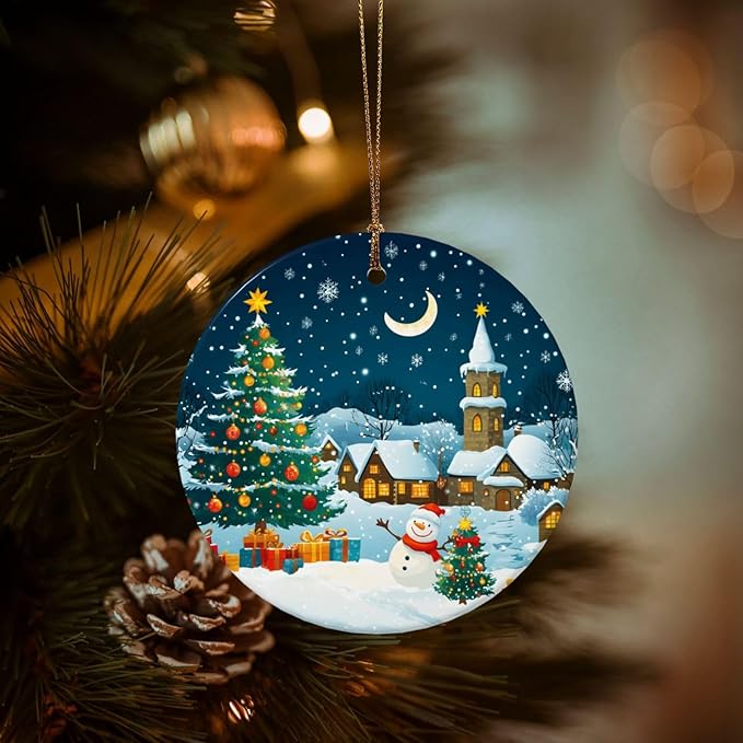 Merry Christmas Snow Tree Snow Scene Christmas Ornaments, Christmas Decorations Xmas Tree Hanging Ornaments, Round Ceramic Festive Keepsake Gift for Xmas Decorations Holiday Home Decor