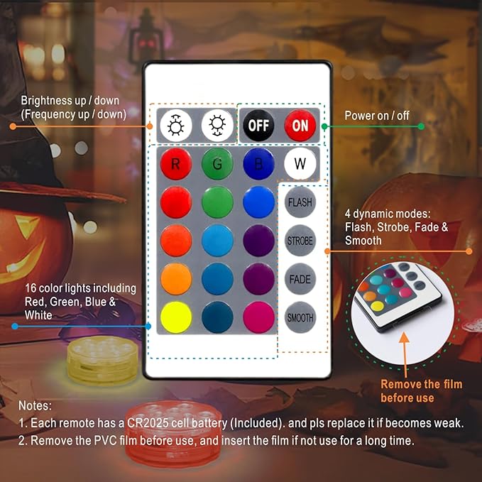 Submersible LED Lights with Remote, 16 Colors 4 Modes Battery Powered Color Changing LED Pumpkin Lights for Halloween Pumpkin Camping Bucket Décor (4 Packs)