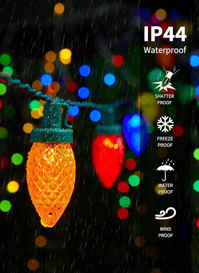 C9 LED Christmas Lights Outdoor, 81 Feet 100 LED String Lights with Timer & 8 Lighting Mode, Waterproof Commercial Grade Christmas Tree Lights for Outside Indoor Roofline Patio, Multicolor 2 Pack