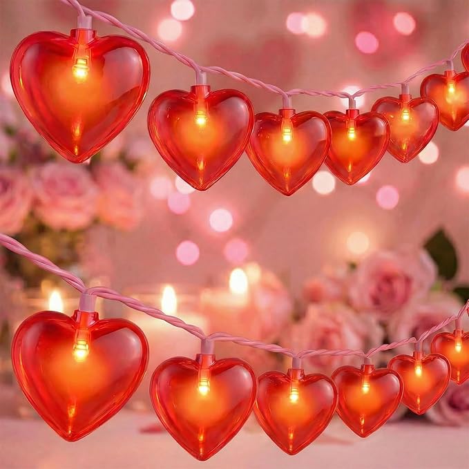 Valentine’s Day Red Heart String Lights, 12FT Plug-In Connectable Fairy Lights with 20 LED Glitter Heart Bulbs, Romantic Indoor Outdoor Decor for Wedding, Party, Window, Anniversary, Christmas