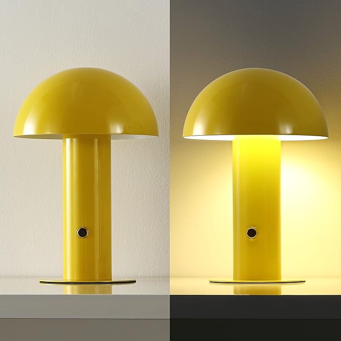 JONATHAN Y 10.75" Yellow Rechargeable LED Mushroom Table Lamp, Cordless Portable Bedside Lamp for Living Room Bedroom, 3-Way Dimmable Modern Iron Desk Light, Metal Shade (JYL7115C)