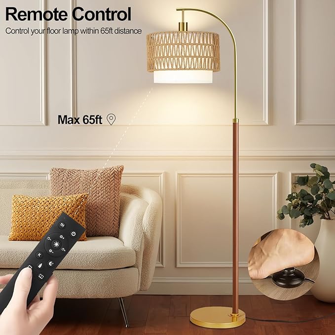 Boho Floor Lamps for Living Room Wood Floor Lamp with Remote Control,Dimmable Rattan Floor Lamps Farmhouse Gold Standing Lamp with 3 Color Temperature Tall Arc Floor Lamp for Bedroom Corner