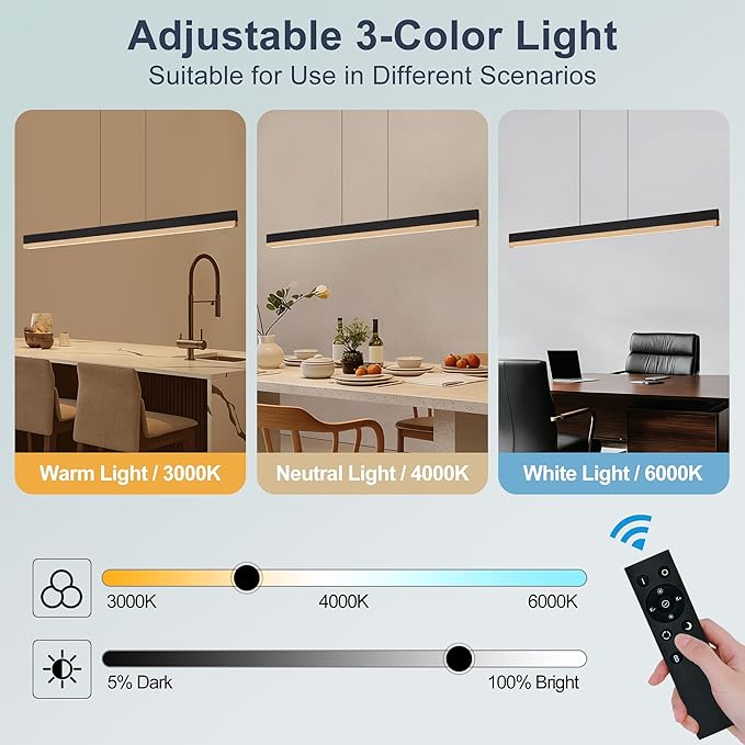 71" Wood Linear Pendant Light, Wood Linear Chandelier with Remote, 24W LED Dimmable Pendant Lights Kitchen Island, Modern Hanging Chandelier for Dining Room, Bar, Pool Table-Natural