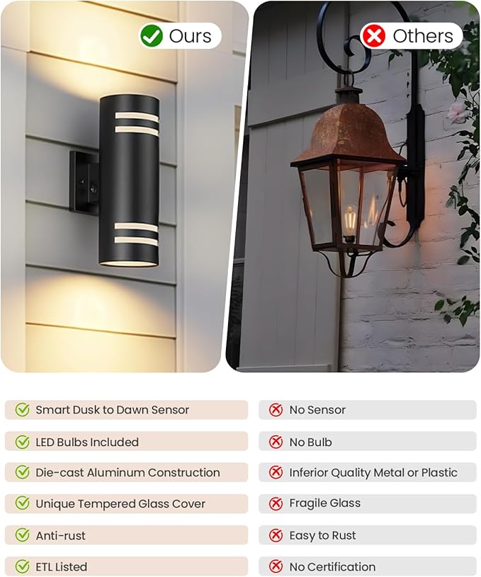 SHIMR Dusk to Dawn Outdoor Lighting 2 Pack, Modern Outdoor Wall Lights with LED Bulbs, Matte Black Exterior Lighting Fixtures Wall Mount, Up and Down Outside Lights for House Porch Garage [ETL Listed]