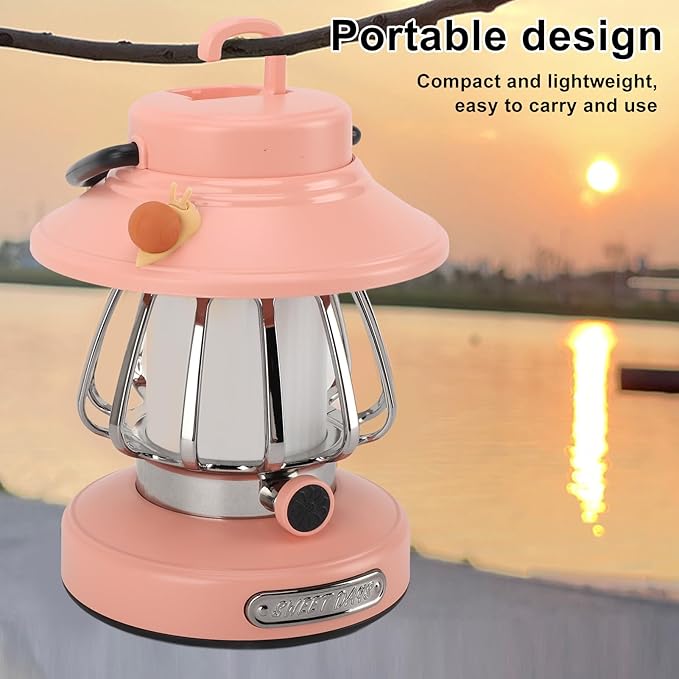 Vintage Lantern Decorative,Hanging Lantern Decor,Camping Lantern Portable Tent Light Emergency Light,Retro Rechargeable Camping Lantern,Infinite Dimming 3 Level Color Temperature (Pink)