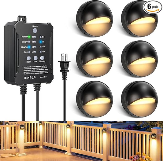 Low Voltage LED Deck Lights Kit with Transformer Timer, Dusk-to-Dawn Outdoor Step Lights Waterproof IP67, Warm White, Surface Mount Stair Lights for Deck, Patio, Railing, Fence (6 Pack)