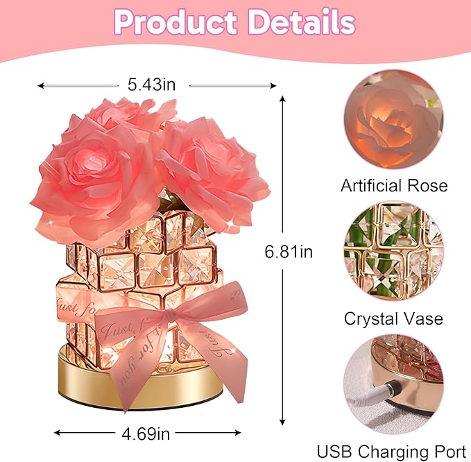 ONXE Valentines Day Birthday Gifts for GF Girlfriend Mom Wife, Flower Cordless Crystal Table Lamp,3-Colour Dimming Rechargeable Forever Rose Bedside Lamp Night Light Anniversary Decor for Women Men