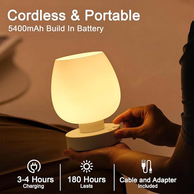 Cordless Touch Bedside Table Lamp, Rechargeable Battery Operated Desk Lamps with 8 RGB Colors, Dimmable Small Glass Nightstand Light for Living Room Bedroom Kitchen Counter