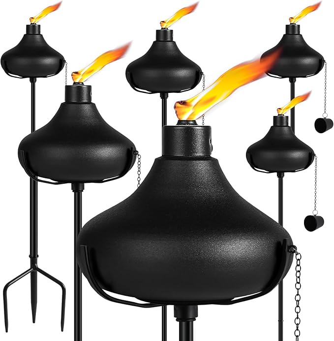 24.5 Oz Home Garden Torch Set of 6, Outdoor Metal Torch Garden Décor,55-Inch Upgraded Citronella Torches with 3-Prong Grounded Stake, Metal Light Torches for Party Patio Pathway