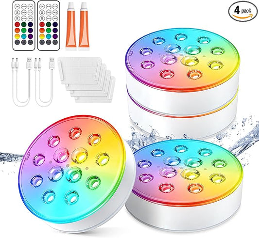 LOFTEK Pool Lights, Rechargeable Submersible LED Lights with Remote, IP68 Waterproof, 16 Colors Underwater Pool Light for Above Ground Inground Pool, Hot Tub, Shower, Bathub, Party, Vase, 4 Packs
