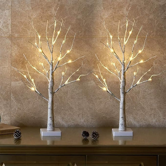 EAMBRITE Lighted Birch Tree Easter Decorations for Home, 2Pack 24 LED Battery Operated/USB Tabletop Mini Small Artificial White Trees with Lights for Christmas Indoor Table Mantel Spring Decor (2FT)
