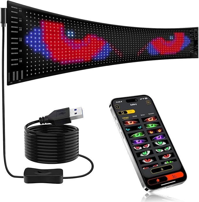 LED Devil Eye Lights for Windshield 15"x4" [Advanced Chip, 100% Synced Dual Screen] Dynamic Flexible Programmable Custom LED Eyes Display for Car Motorcycle Window with Remote & APP Control