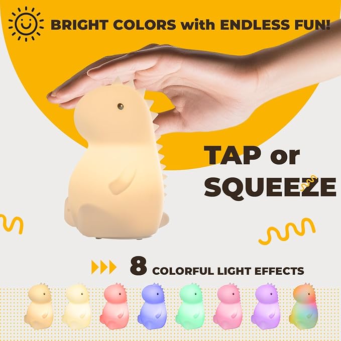 Adorable LED Squishy Animal Night Light - 2 Level Dimmable Nursery Lamp for Kids, Rechargeable Touch Lamp, Cute Dorm Decor - Perfect Baby Boys Girls Gift (Little Dinosaur)