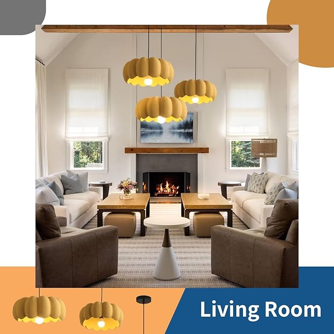 JAYMP Yellow Pumpkin Shape Pendant Light for Dining Room Kitchen Island Hallway Farmhouse Style Hanging Lamp E26 Base, 40cm/15.8in
