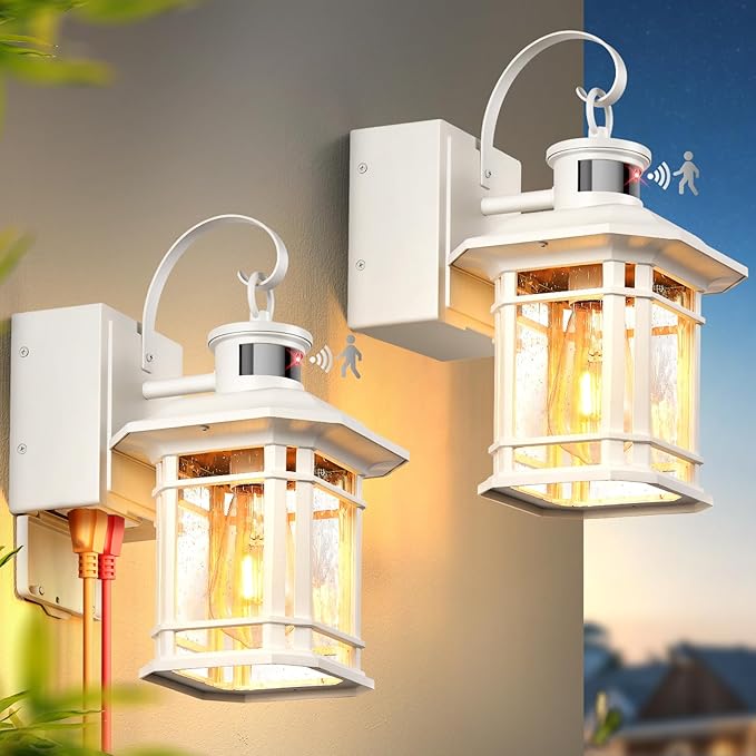2 Pack White Porch Light with GFCI Outlet, 3 Modes Motion Sensor Exterior Lighting Fixtures, Dusk to Dawn Outside Lights for House, Porch, Garage, Waterproof, Anti-Rust