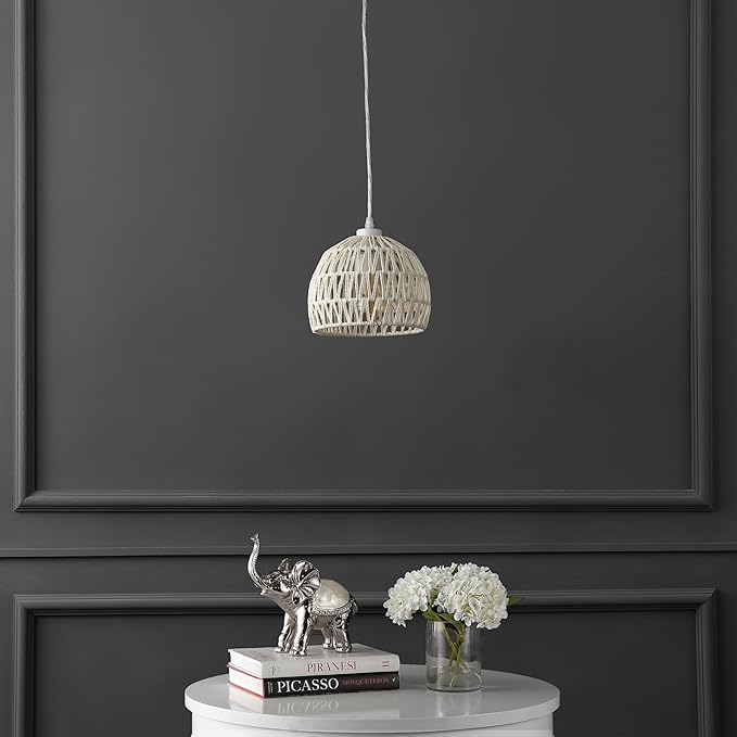JONATHAN Y 8.25" Cream Modern Bohemian Woven Rope LED Pendant Light Fixture, Adjustable Dome Ceiling Lamp for Kitchen Island, Rope Shade, Coastal Farmhouse Decor (JYL6512C)