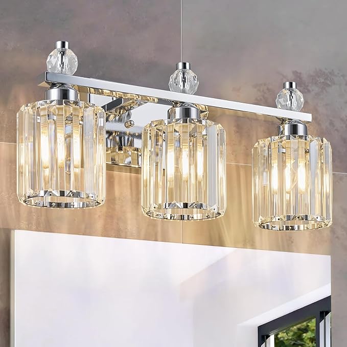 Bathroom Vanity Lights 3-Light Chrome Modern Crystal Vanity Light Fixtures Over Mirror Crystal Bathroom Vanity Lighting Fixtures