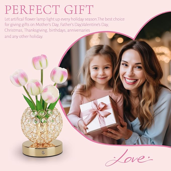 Tulip Flower Lamps, 3 Colors Touch Stepless Dimming Crystal Night Light, Rechargeable Artificial Flower Light, LED Flower with Vase Lamp Romantic Decor for Date Party Home (Tulip1 - Pink)