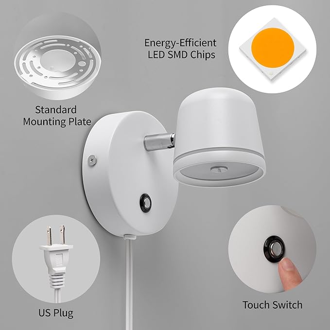 Aisilan Plug in Wall Sconce, Touch Dimmable Wall Light with 3 Color Temperatures, Adjustable 7W LED Sconce CRI97, Modern White Aluminum Plug in Wall Lamp for Bedroom Bedside Reading