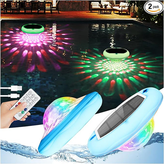 Solar Floating Pool Lights(2 PACK), USB Rechargeable Pool Lights, 6.69 Inch IP68 Waterproof Pool Lights That Float 6 Dynamic Modes with Remote Upper and Lower Glow 2600mAh Hangable Light for Pond