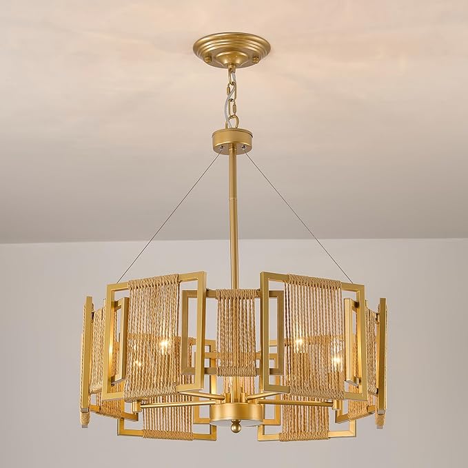 4-Light Boho Rattan Chandelier Light Fixture,Large Hand Woven Gold Pendant Light Fixture Farmhouse Rustic Hanging Light for Kitchen，Bedroom, Dining Room, Living Room, Hallway, Foyer
