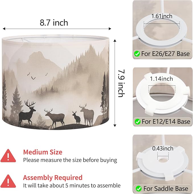 8.7inch Small Lamp Shades Set of 2, Forest Lamp Shades, HD Printing Deer Lampshade, Rustic Lamp Shade fit Spider and E26/E14, Western Lamp Shade for Floor Lamps,Table Lamp (Assembly Required)