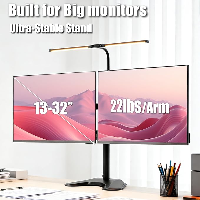 13–27″ Dual Monitor Stand for Desk with Adjustable LED Desk Lamp, Monitor Stand with Led Lights Freestanding Dual Monitor Mount (22 lbs/Arm) – Two-Screen Ergonomic Mount with Reading Lamp
