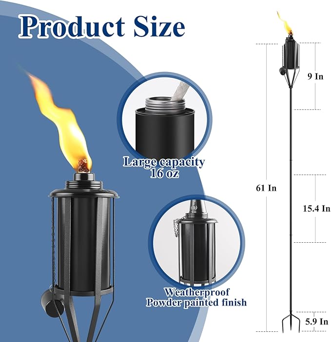 6 Pack Home Garden Torch, Large Capacity 16oz Outdoor Metal Torch Garden Décor,59-Inch Upgraded Citronella Torches with 3-Prong Grounded Stake, Table Top Torches for Party Patio Pathway