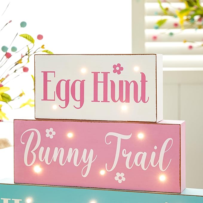 Glitzhome LED Lighted Wooden Easter Table Sign Spring Home Decor for Holiday Easter Party Supplies Props