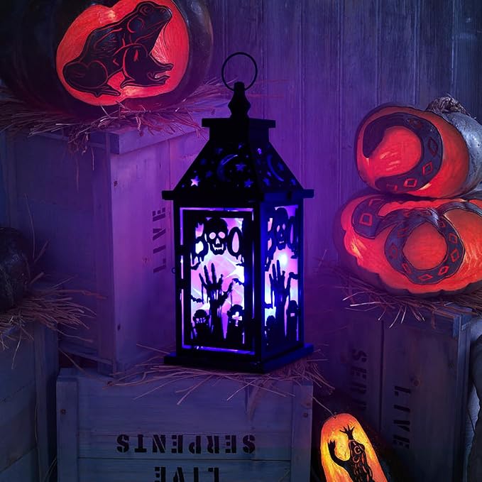 DECORKEY Halloween Decorations Indoor, 14.9" Decorative Graves&Skeleton Hands Lantern with 82" LED Lights(8 Modes; No Battery), Hanging Spooky Halloween Lanterns, Outdoor Home Room Door Party Decor