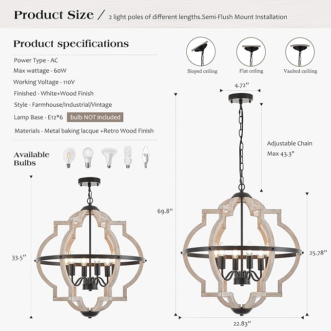 6-Light Farmhouse Wood Pendant Light,22.83'' Vintage Rustic Light White Wood Chandeliers,Retro Industrial Hanging Light Fixtures for Dining Room Entryway, Bedroom