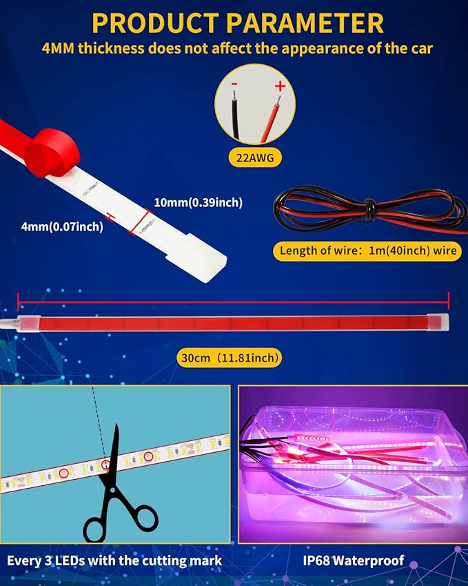 Amber Led Strip Light,12V Car Led Lights Interior IP68 Waterproof Cuttable for Car Motorcycles Boat Golf Cart Truck Cargo Home Decoration with Strong Nano Tape 12inch(Pack of 4)