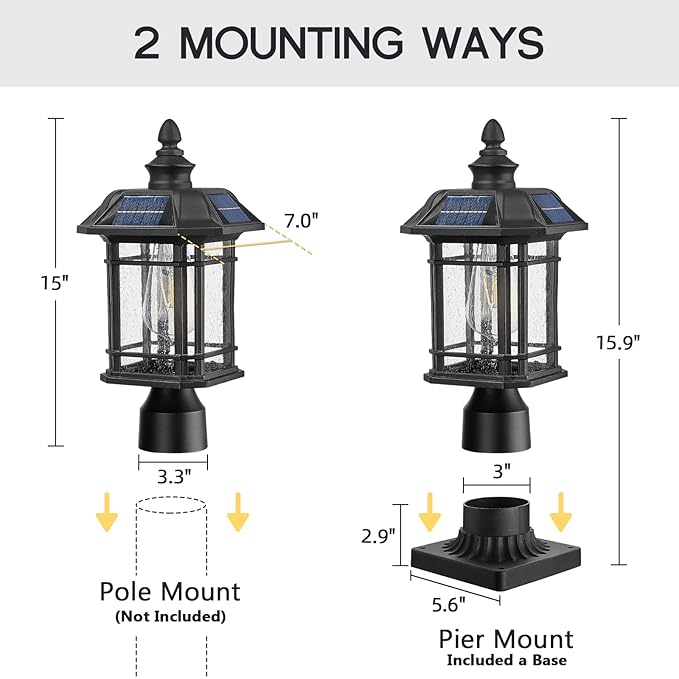 Emliviar 16 Inch Outdoor Solar Post Light, Dusk to Dawn Pier Mount Lamp Post Light with Remote Control, Black Finish with Seeded Glass Shade, A2202110P1-SL BK