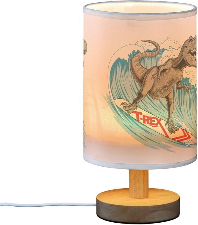 Table Lamp T-rex Dinosaur Surfing Ocean Wave Nightstand Lamp with Wood Base Fabric Lamp Shade Bedside Desk Lamp for Living Room Bedroom Kids Room Office
