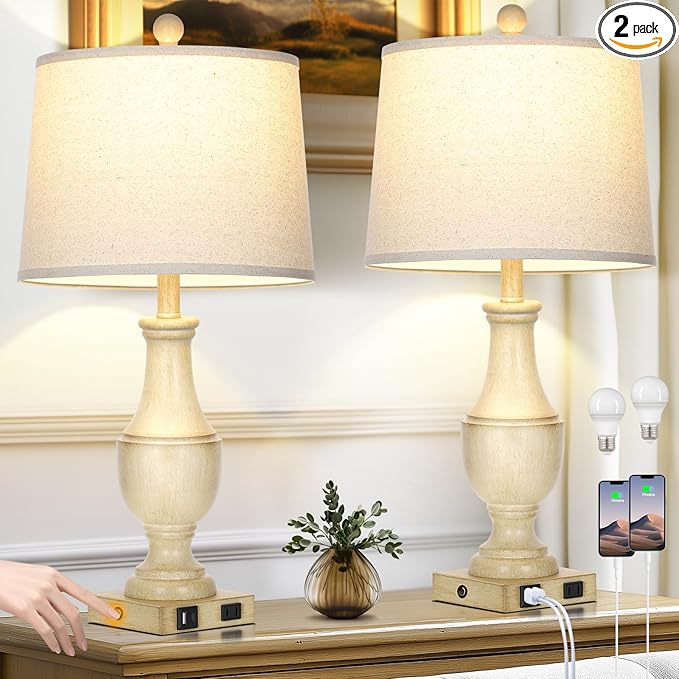 Farmhouse Vintage 3-Way Dimmable Table Lamp Set of 2 with USB A+C Charging Ports & AC Outlet, Rustic Mid Century Antique Traditional Bedside Lamps for Living Room Bedrooms Nightstand End Table White