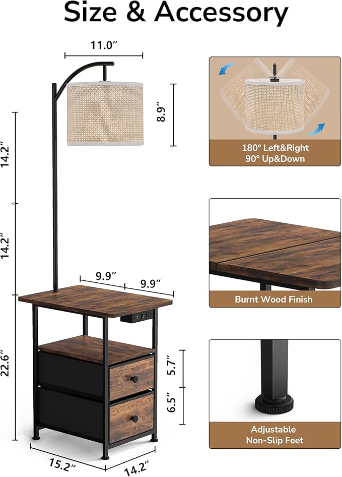 JACKYLED Floor Lamp with Table & 2 Drawers, 3-Color End Table Flood Lamp with Charging Station (USB, Type-C, AC), Vintage Side Table with Lamp for Reading, Bedroom, Living Room, Paper String Shade