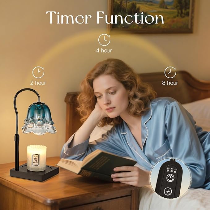 Candle Warmer Lamp with Timer: Navy Blue Flower Candle Warming Lamp with 2 Bulbs Height Adjustable Wax Warmer Dimmable Bedroom Decor Mothers Day Birthday Gift for Women