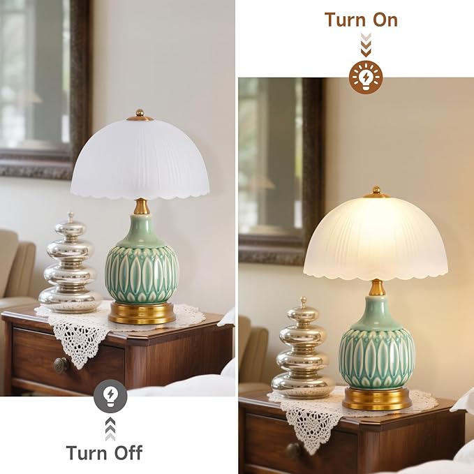Vintage Lamp for Living Room,16" Modern Ceramic Table Lamps for Bedroom,Retro Bedside Nightstand Traditional Lamps, Classic Chinoiserie Green Lamp for Home Decor (French Country)
