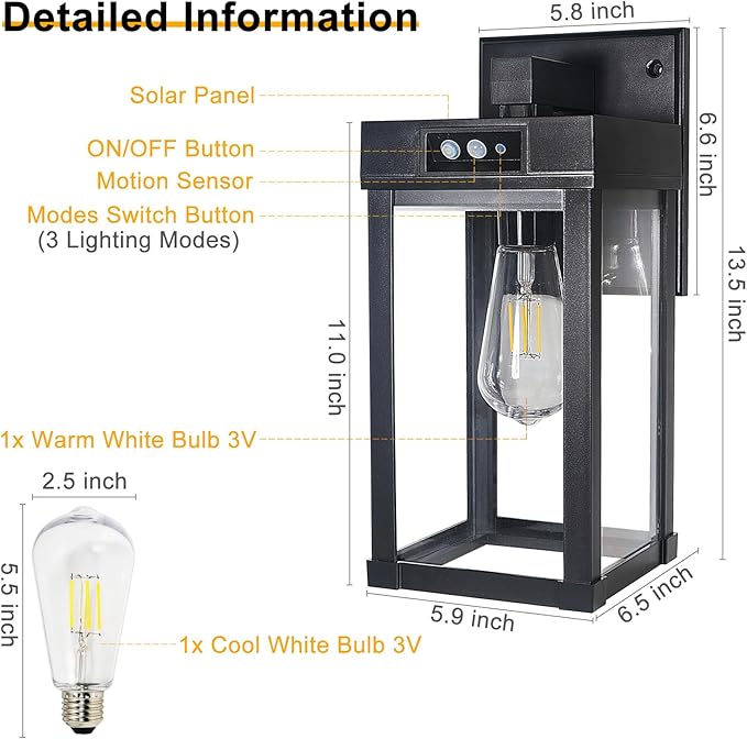 Solar Wall Lights Outdoor, Solar Sconce Lantern with 3 Lighting Modes & Motion Sensor, Porch Light Fixture Outside Waterproof with Clear Panel for Garage Yard Front Door Shed (2 Pack)